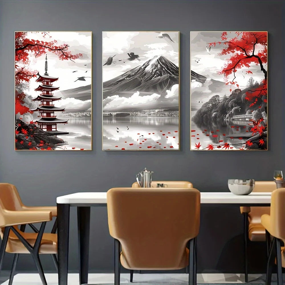 🗻 Affiches Murales Paysage Japonais – Mont Fuji & Temple Rouge (3 Pièces).
