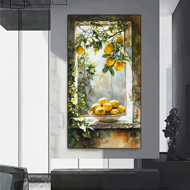 🍋 Toile Murale Abstraite Sans Cadre – Fenêtre Citron & Feuillage.