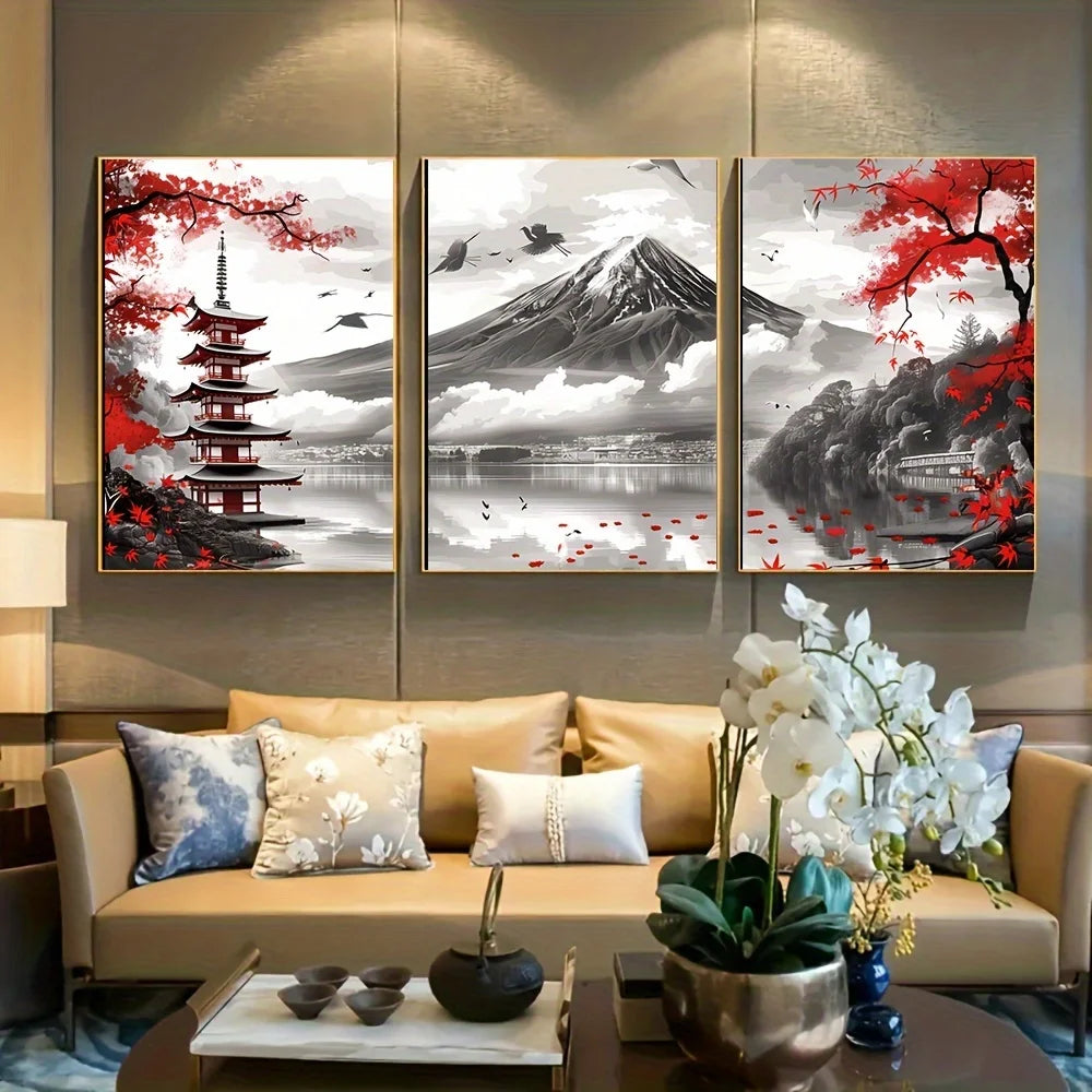 🗻 Affiches Murales Paysage Japonais – Mont Fuji & Temple Rouge (3 Pièces).