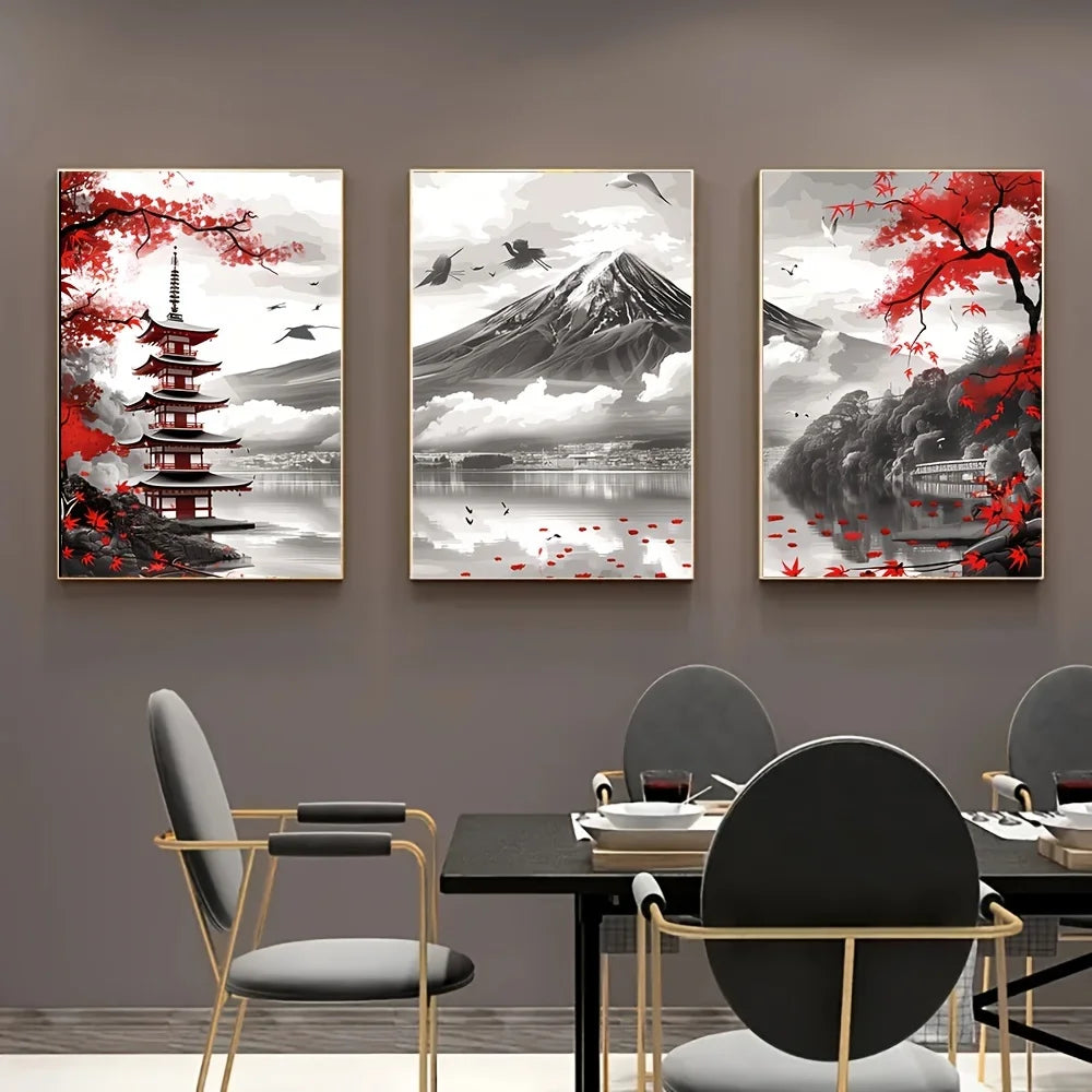 🗻 Affiches Murales Paysage Japonais – Mont Fuji & Temple Rouge (3 Pièces).