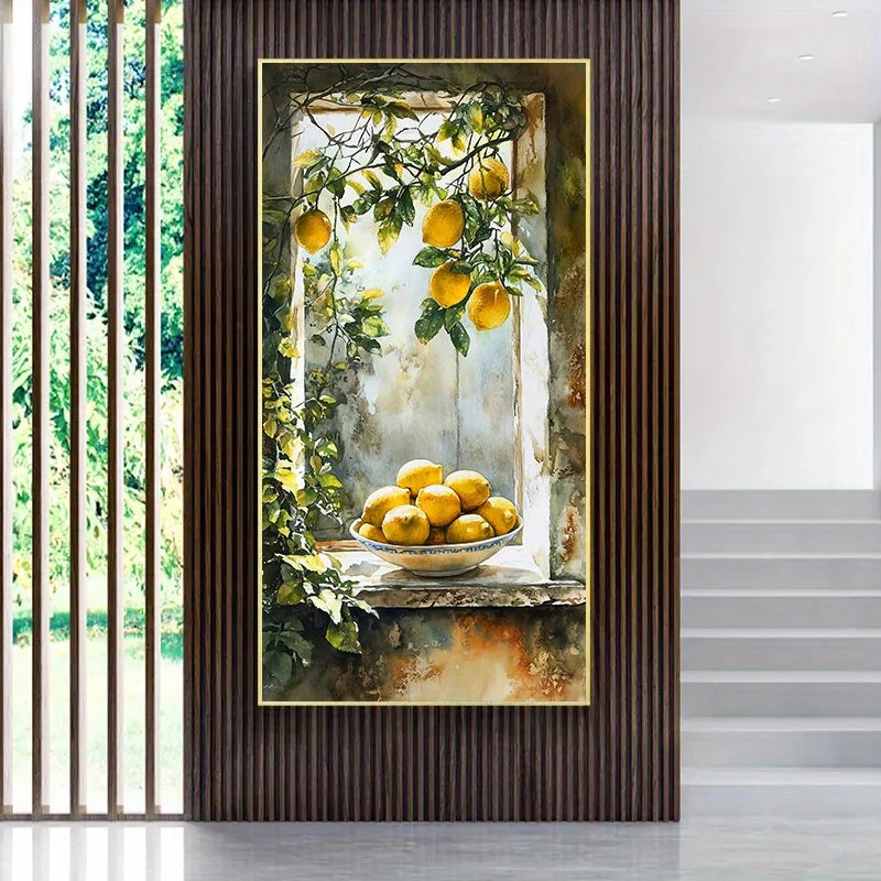🍋 Toile Murale Abstraite Sans Cadre – Fenêtre Citron & Feuillage.