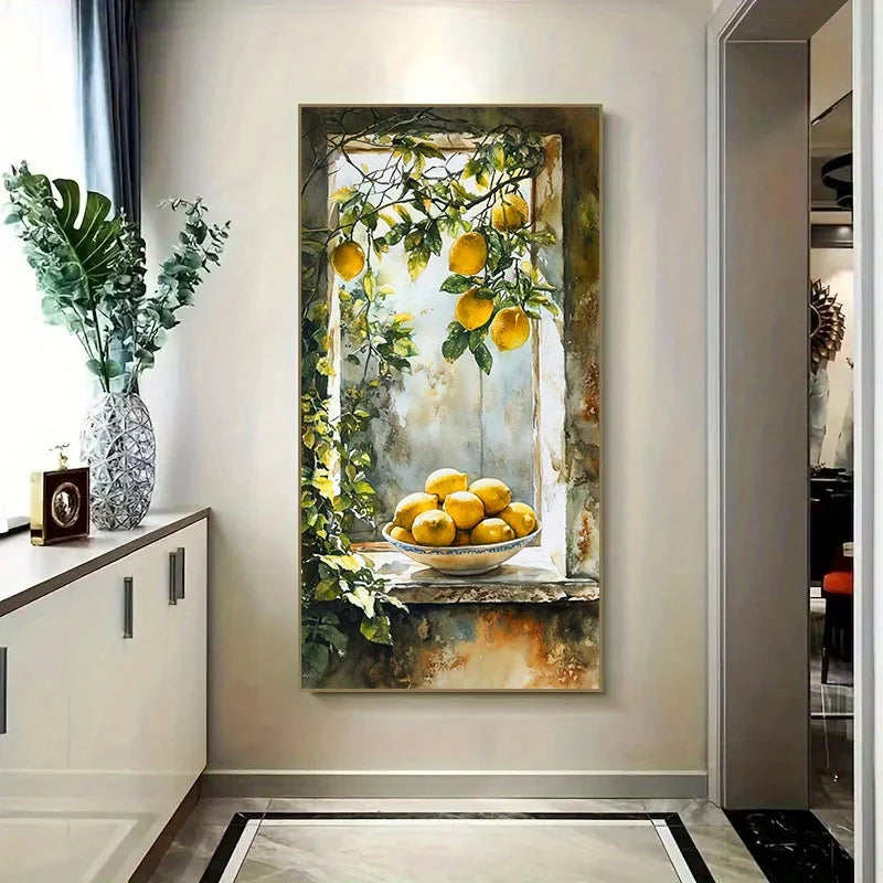 🍋 Toile Murale Abstraite Sans Cadre – Fenêtre Citron & Feuillage.