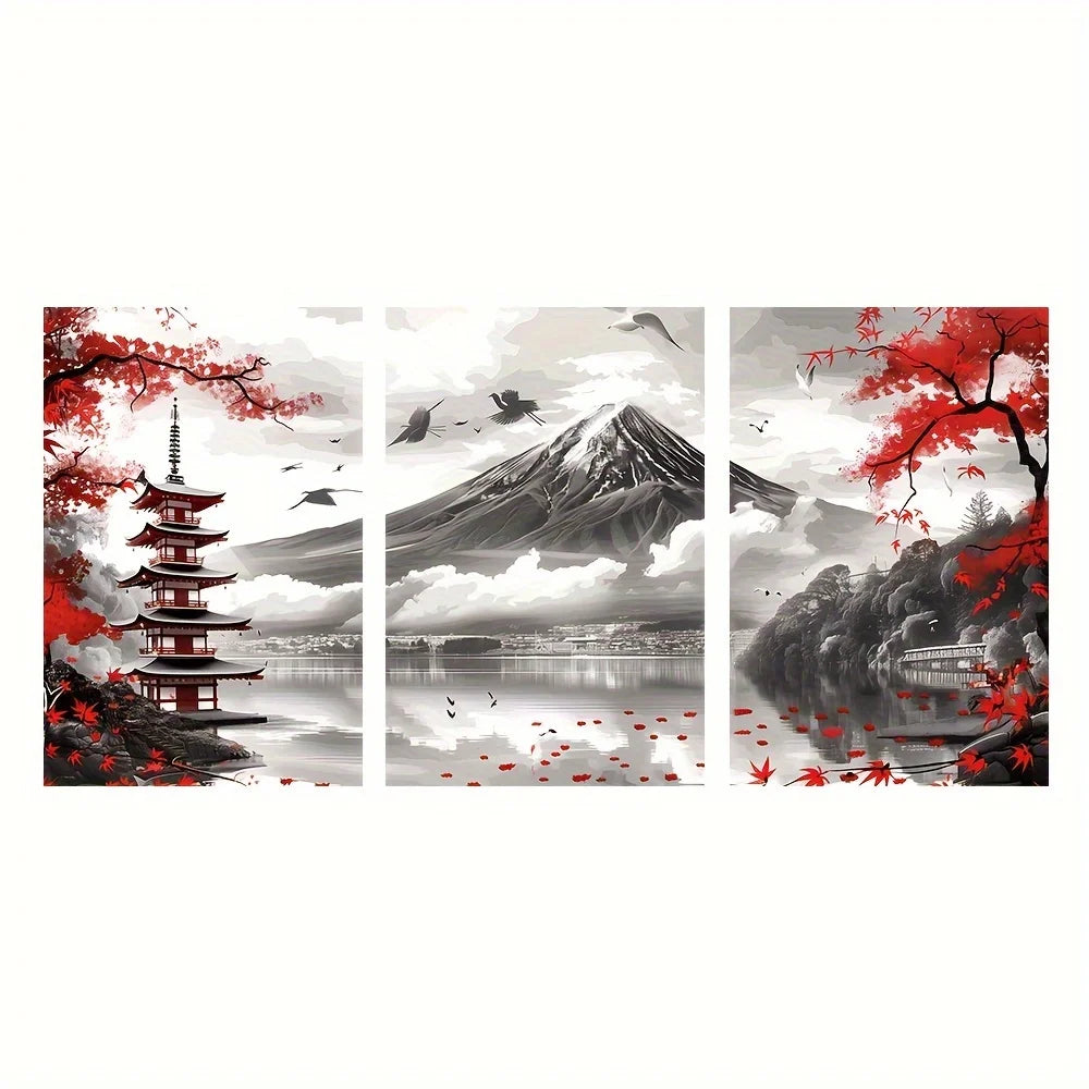 🗻 Affiches Murales Paysage Japonais – Mont Fuji & Temple Rouge (3 Pièces).
