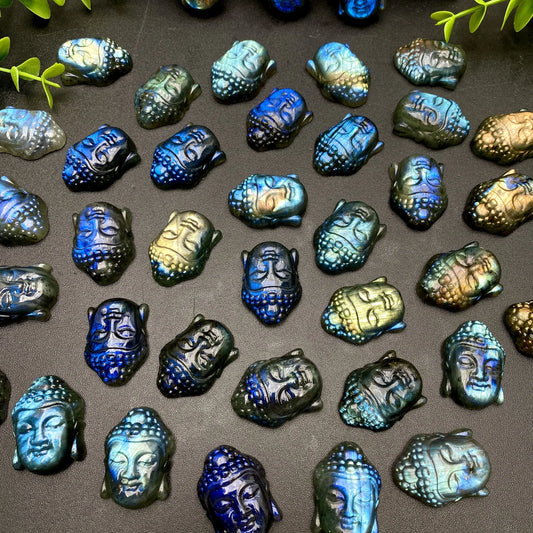 Tête de Bouddha en Labradorite – Sculpture en Cristal Naturel Unique.