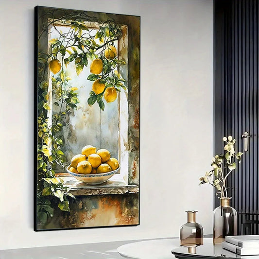 🍋 Toile Murale Abstraite Sans Cadre – Fenêtre Citron & Feuillage.