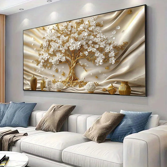 🌳 Toile Élégante Arbre Doré & Fleurs Blanches.