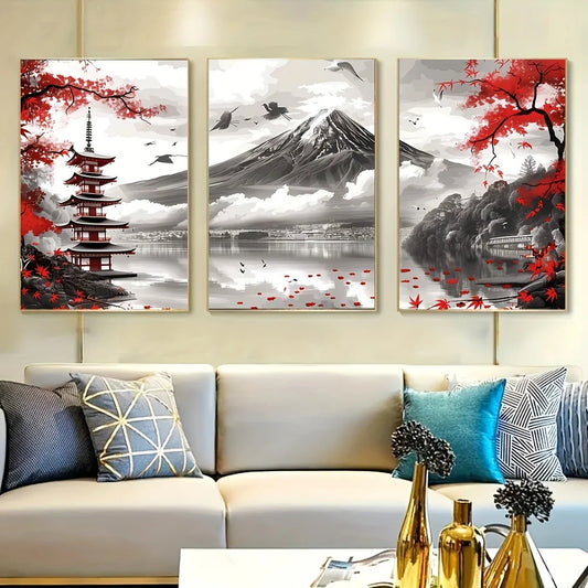 🗻 Affiches Murales Paysage Japonais – Mont Fuji & Temple Rouge (3 Pièces).