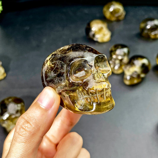 💀 Crâne en Quartz Citrine Fumé Naturel.