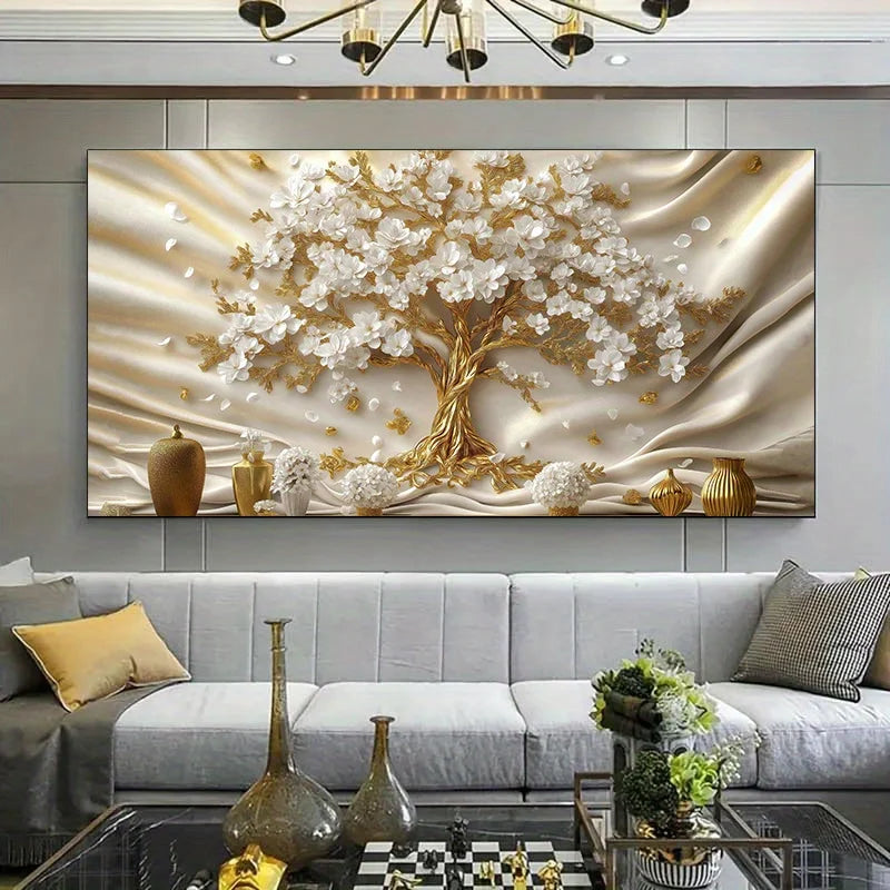 🌳 Toile Élégante Arbre Doré & Fleurs Blanches.