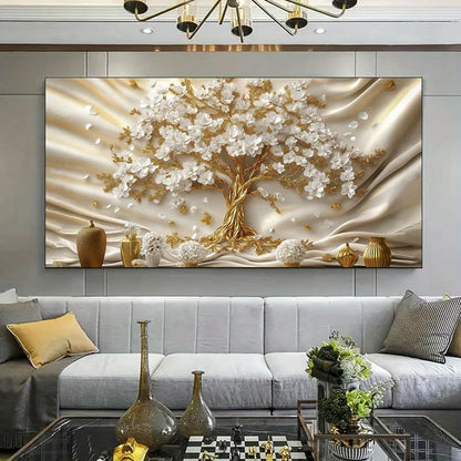 🌳 Toile Élégante Arbre Doré & Fleurs Blanches.