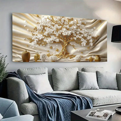 🌳 Toile Élégante Arbre Doré & Fleurs Blanches.