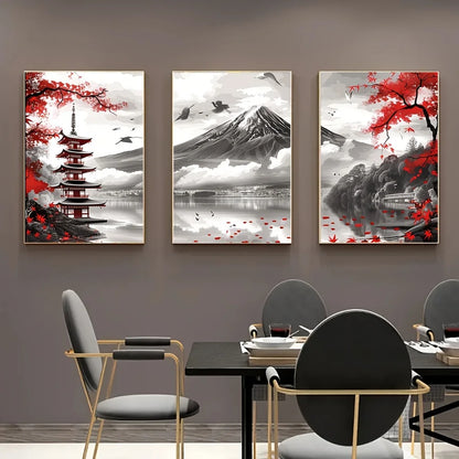 🗻 Affiches Murales Paysage Japonais – Mont Fuji & Temple Rouge (3 Pièces).