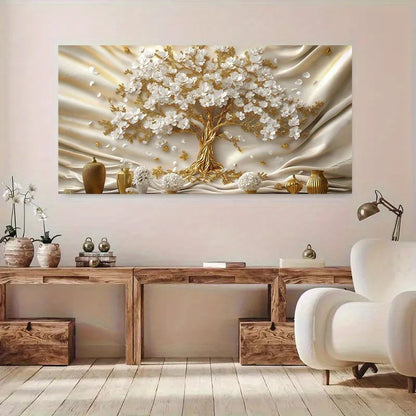 🌳 Toile Élégante Arbre Doré & Fleurs Blanches.