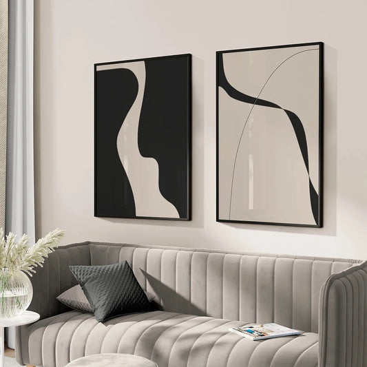 🖼️ Affiche Minimaliste Abstraite – Peinture sur Toile Beige et Noire.